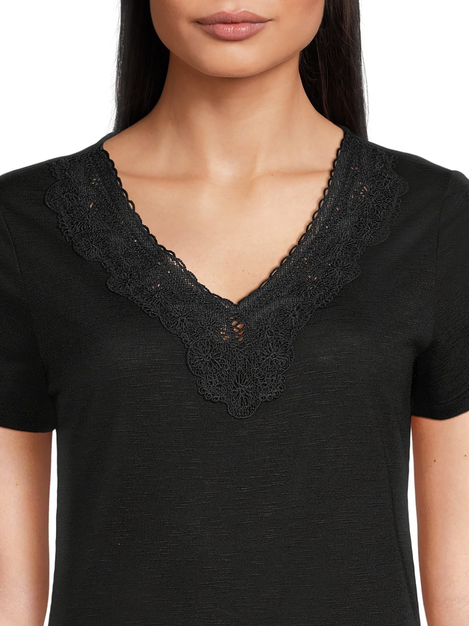 RealSize Women's Lace V-Neck Tee with Short Sleeves, Sizes XS-XXXL