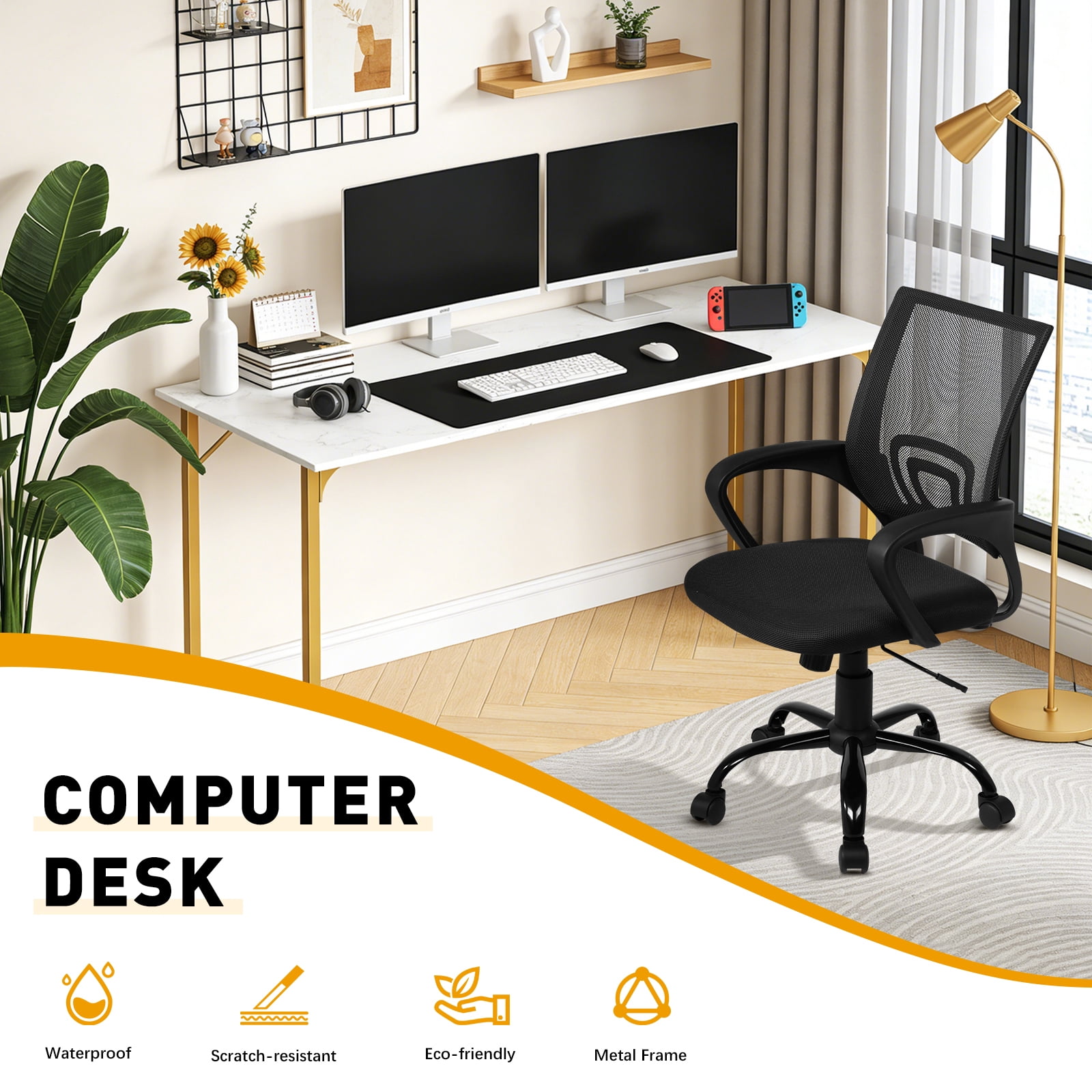 Dkelincs 47 inch Computer Desk and Chair Set Home Office Modern Wood Study Desk & Mesh Ergonomic Height Adjustable Office Chair for Small Spaces, Gold & Black