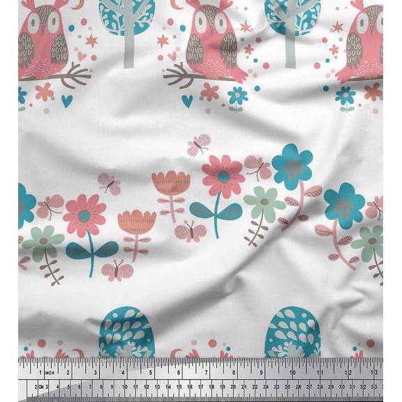 Soimoi Silk Fabric Floral,Tree & Owl Kids Print Sewing Fabric Yard 42 Inch Wide