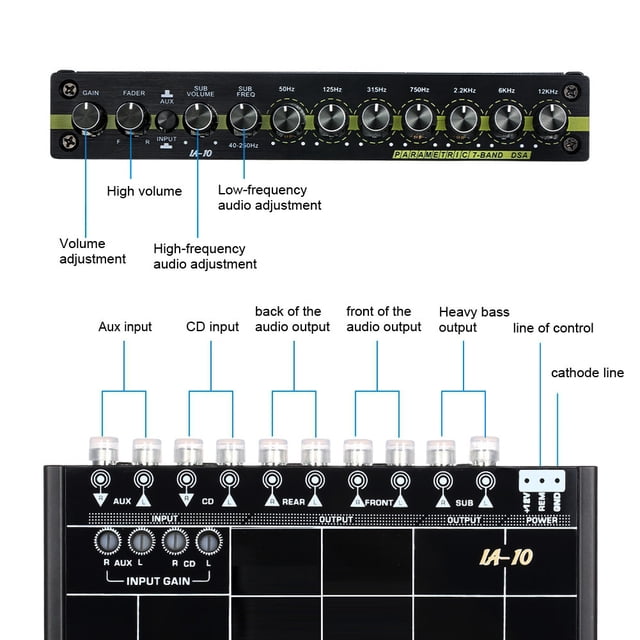Ecualizador gráfico modificado de audio para automóvil EQ 7s Sintonizador estéreo de audio para automóvil con entrada auxiliar de 3,5 mm y perilla
