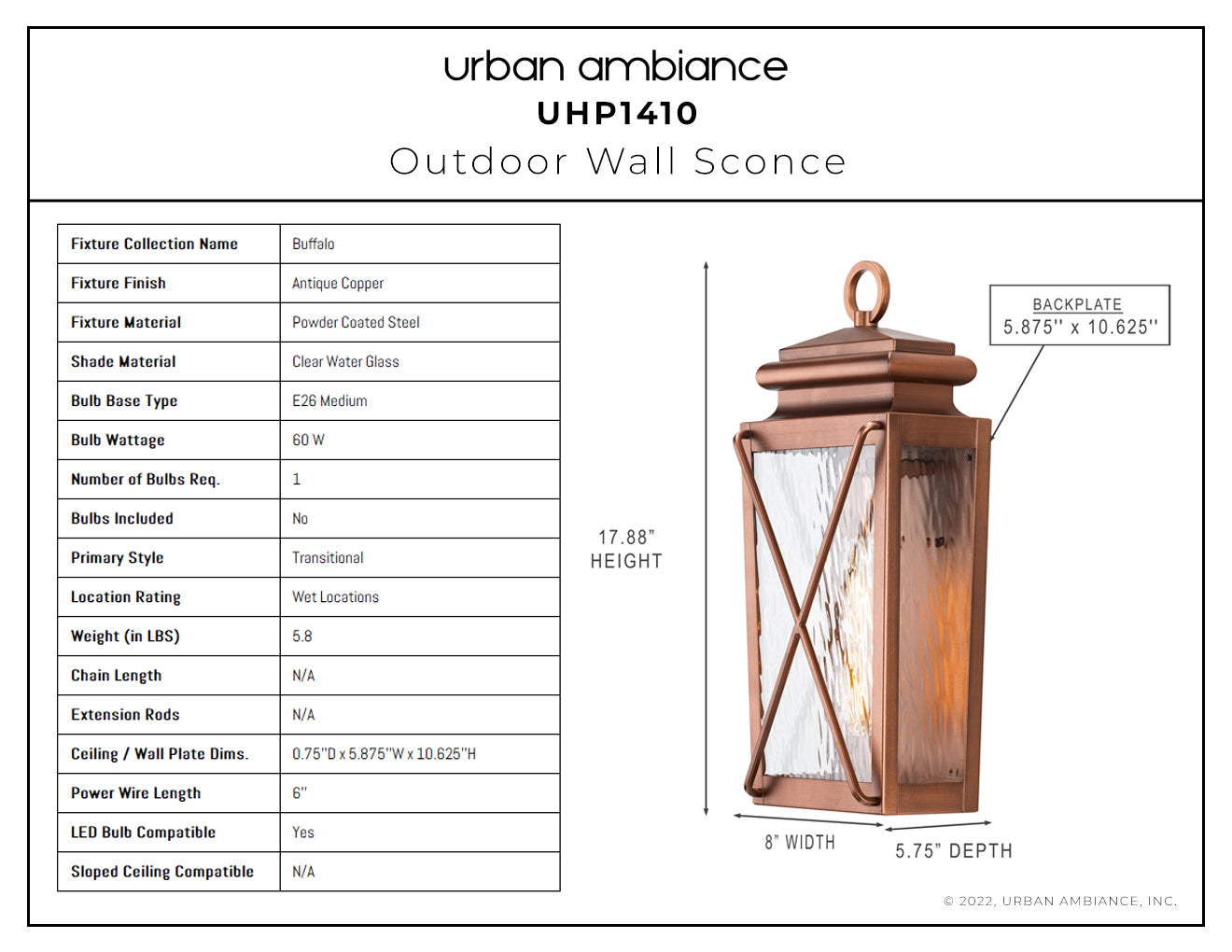 Luxury Vintage Wall Sconce, 17.875H x 8W, with Transitional Style, Antique Copper, UHP1410 by Urban Ambiance