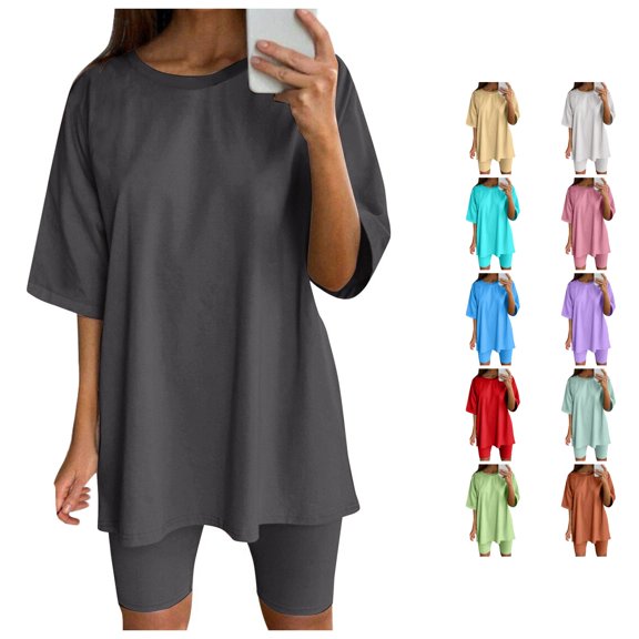 Tanghaowl Short Sets for Women, Womens Two Piece Outfits Short Sleeve Tops Running Yoga Sport Sets Activewear Summer Athletic Training Gym Shorts Suit Dark Gray XXXL