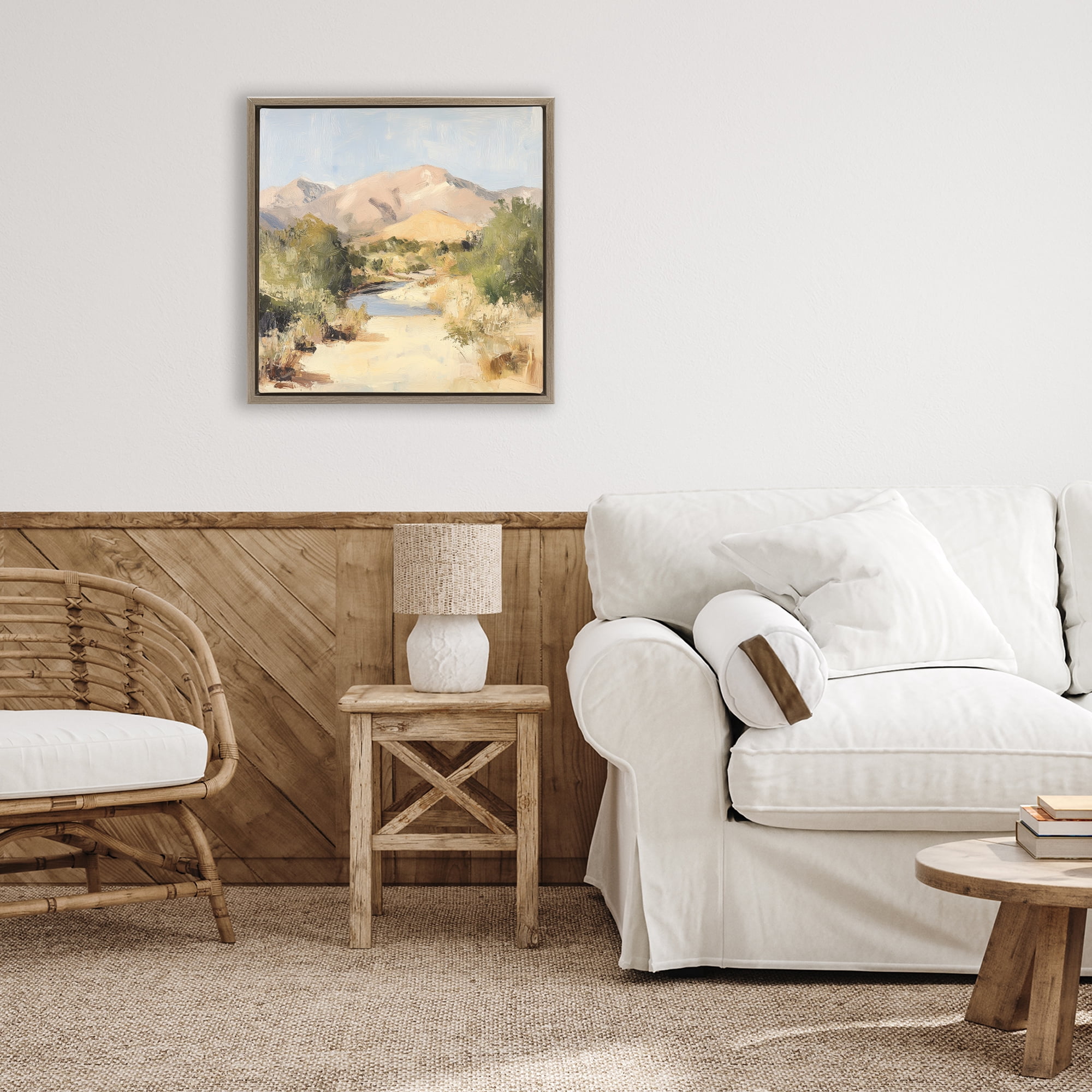Stupell Industries Beige Desert Mountain Stream Brown Framed Floater Canvas Wall Art, design by Petal Prints Design