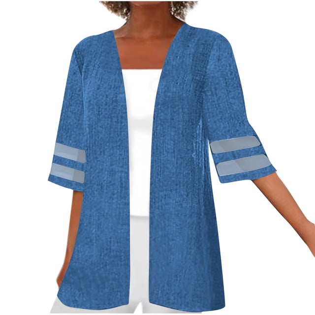 Penkiiy Cardigans pour Femmes à Manches 3/4 Légers à devant Ouvert Cardigan pour Femmes Chemisiers pour Femmes Chic Décontracté 3TG Bleu