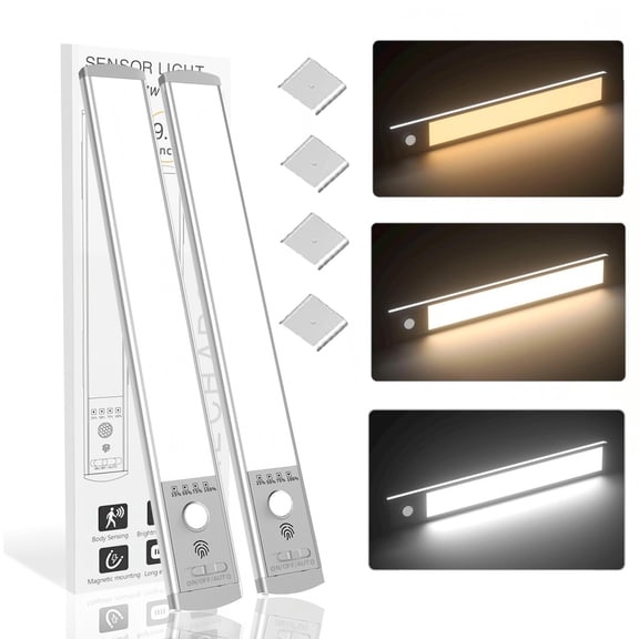 Behome 2 Pack Under Cabinet Lighting, 9.5’’ Rechargeable Motion Sensor Light Indoor with 3 Colors and Stepless Brightness, Magnetic Closet Lights Wireless for Kitchen, Stairs, Hallway