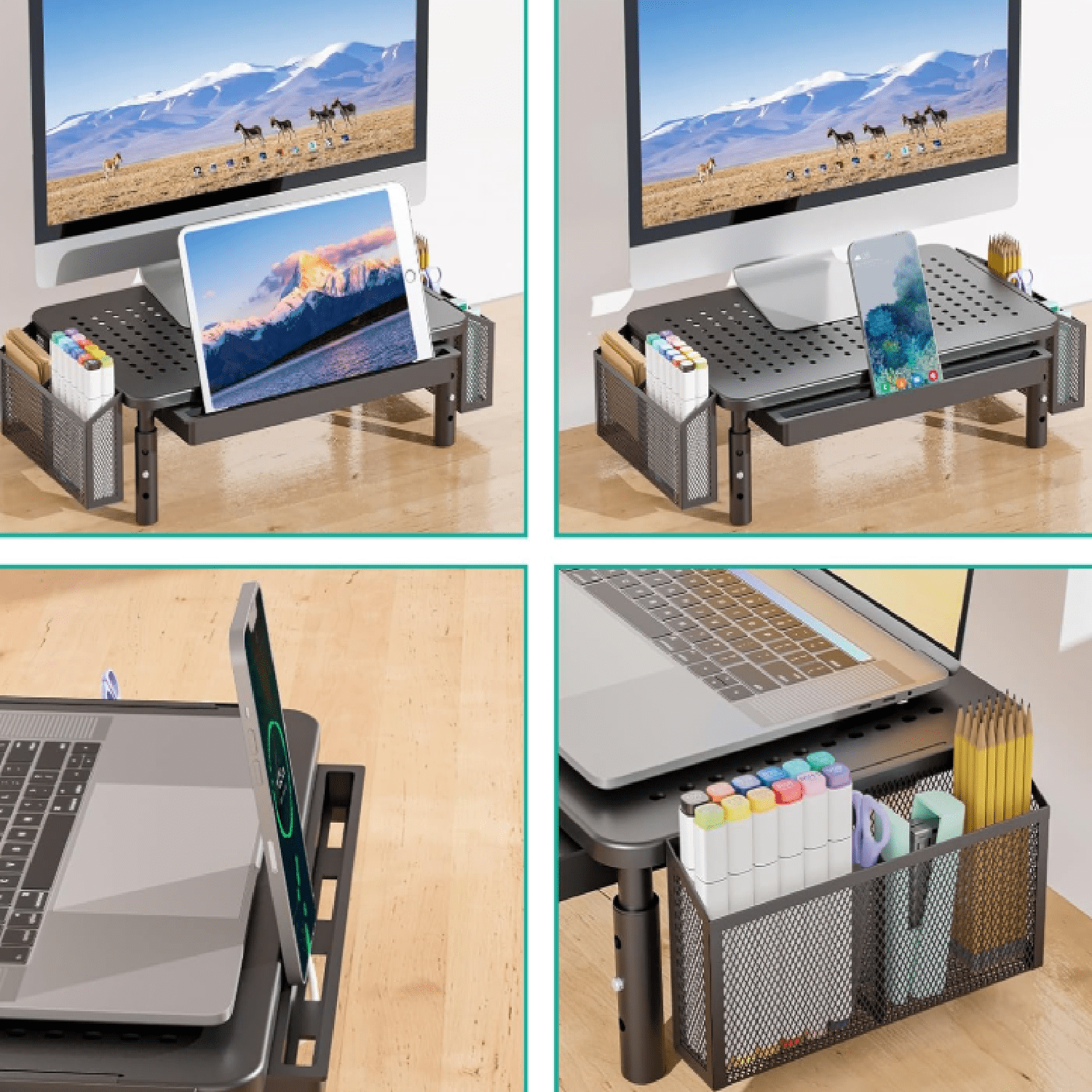 Computer Monitor Stand with Storage, Desk Organizer with Drawer and Pen Holder, Desk Monitor Riser 3 Height Adjustable, Laptop Riser for Computer, Laptop, Printer
