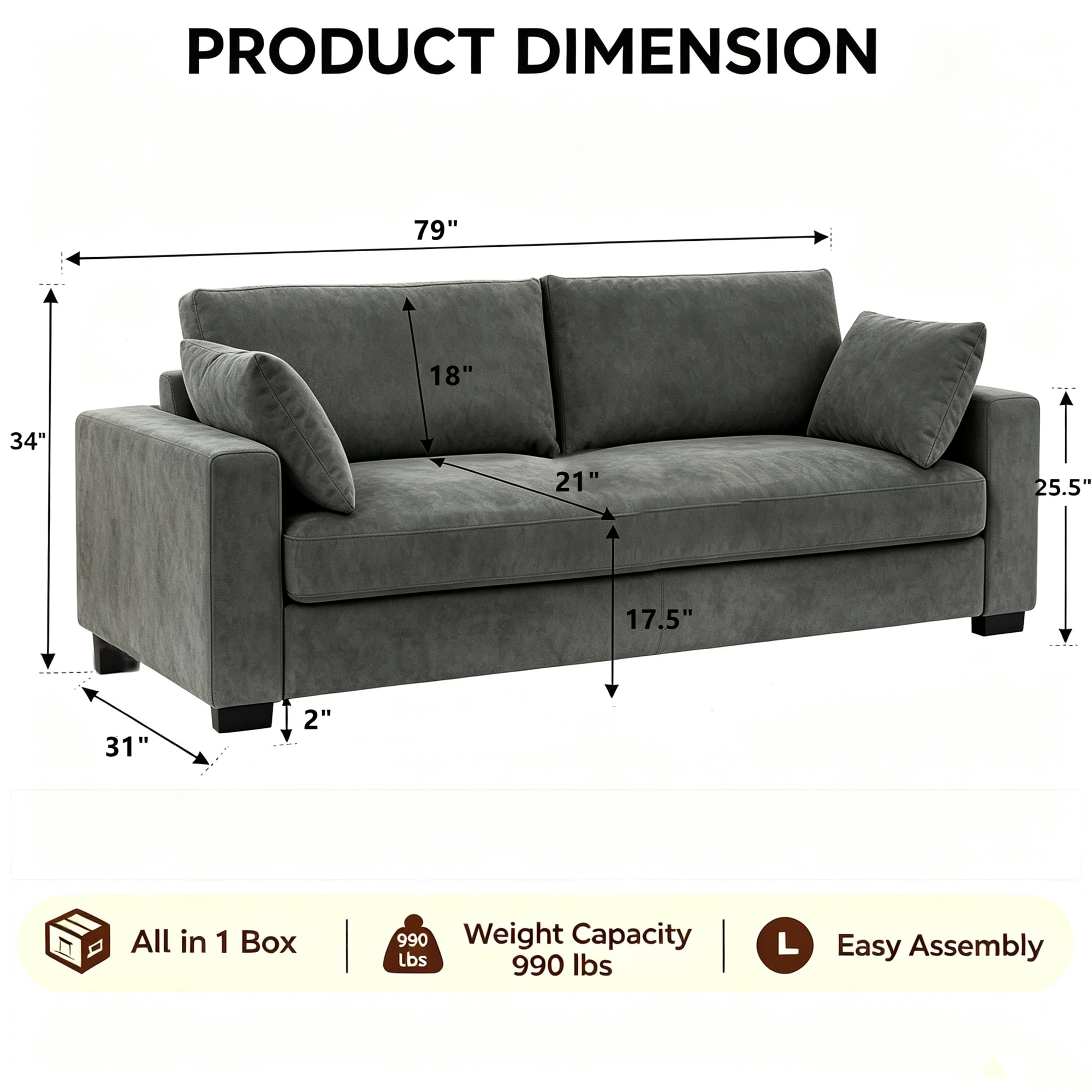 Aukfa 79" Modern Upholstered Sofa Couch 3 Seat Sofa for Living Room Bedroom, 2 Pillows, Chenille, Gray