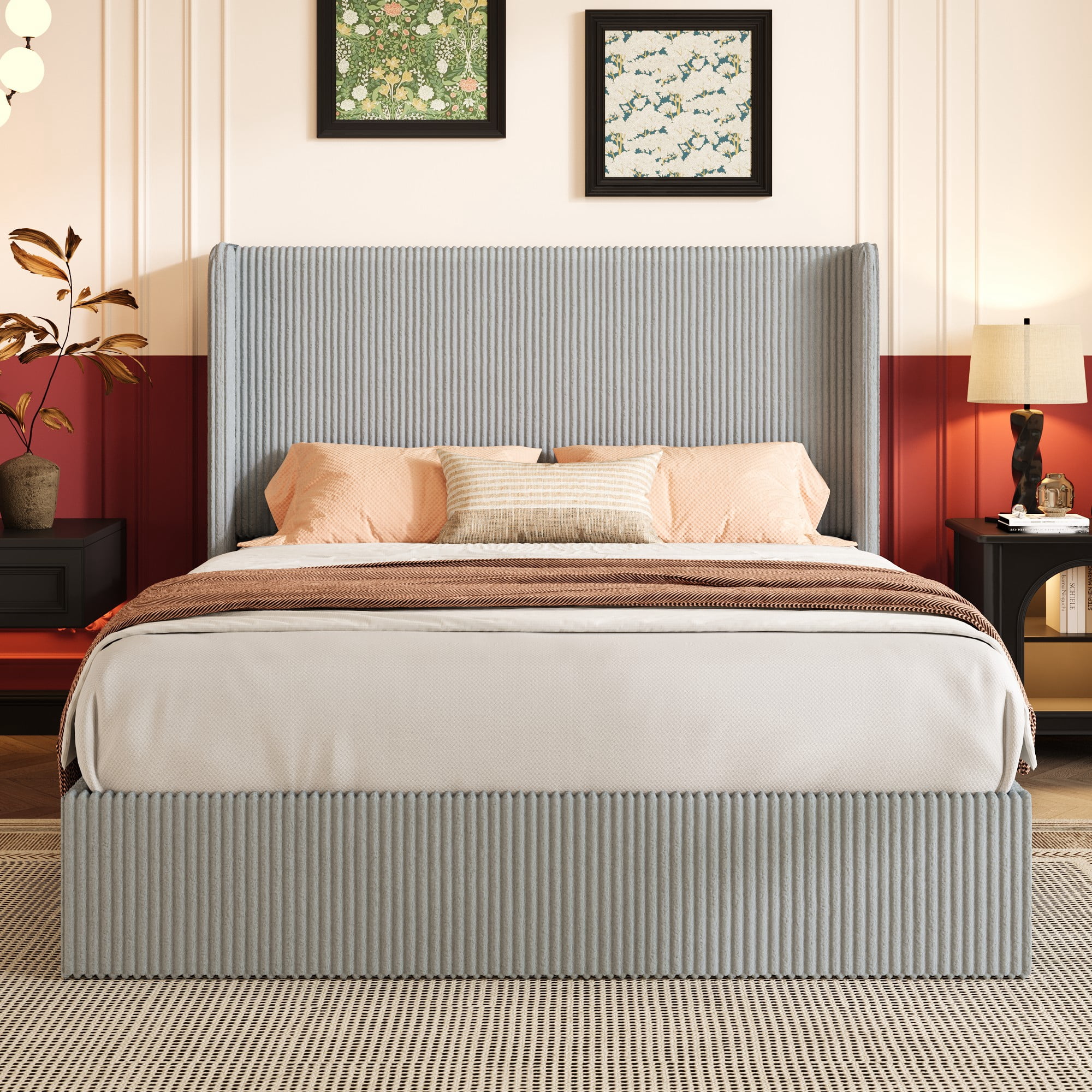 Einfach Queen Size Hydraulic Lift Up Storage Bed Frame, Corduroy Upholstered Wingback Headboard, Ample Under-bed Storage, Gray