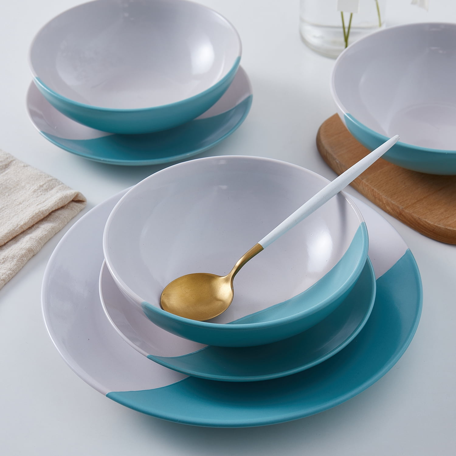 Stone Lain Lizzy Stoneware 12-Piece Round Dinnerware Set, Teal, CB