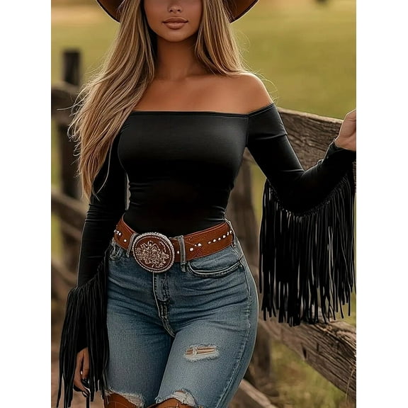 ZOELNIC Womens Western Cowgirl Fringe Top Sexy Slim Fitted Off Shoulder Tassel Long Sleeve Shirts Blouses, M