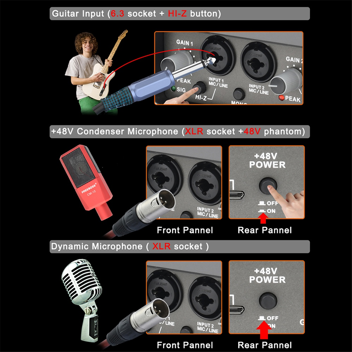 Professional 24Bit 192KHz Audio Interface 2 Input Sound Card for Electric Guitar Loopback External Studio PC Recording