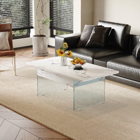Multifunctional Lift Top Coffee Table -White Marble|Tempered Glass Legs