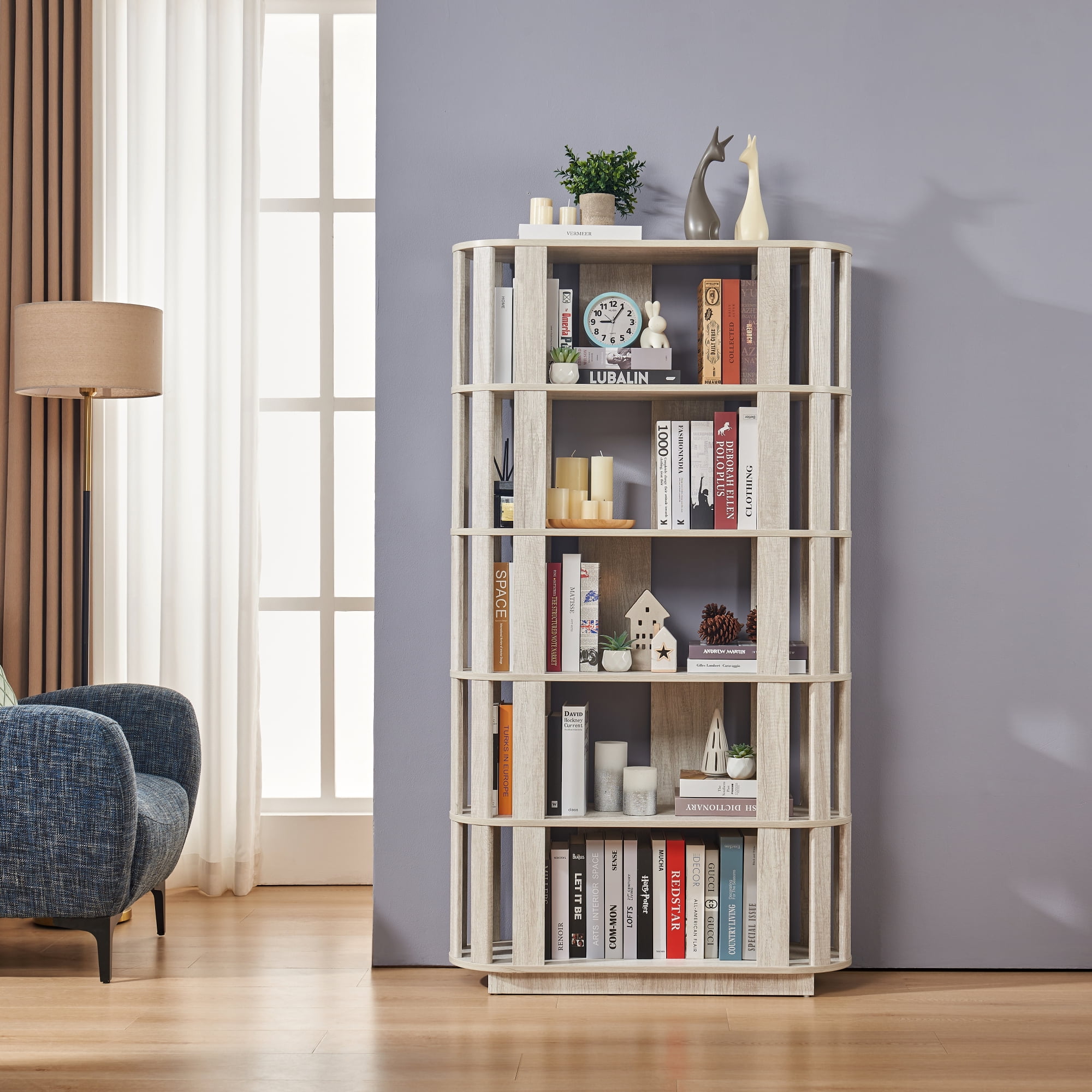 Leumius Wooden Oval Open Bookshelf, 5-Tier Freestanding Bookcases,Easy Assembly DIY Free Combination Storage Cabinet Storage Display Rack for Living Room Home Office Decor,Light Gray