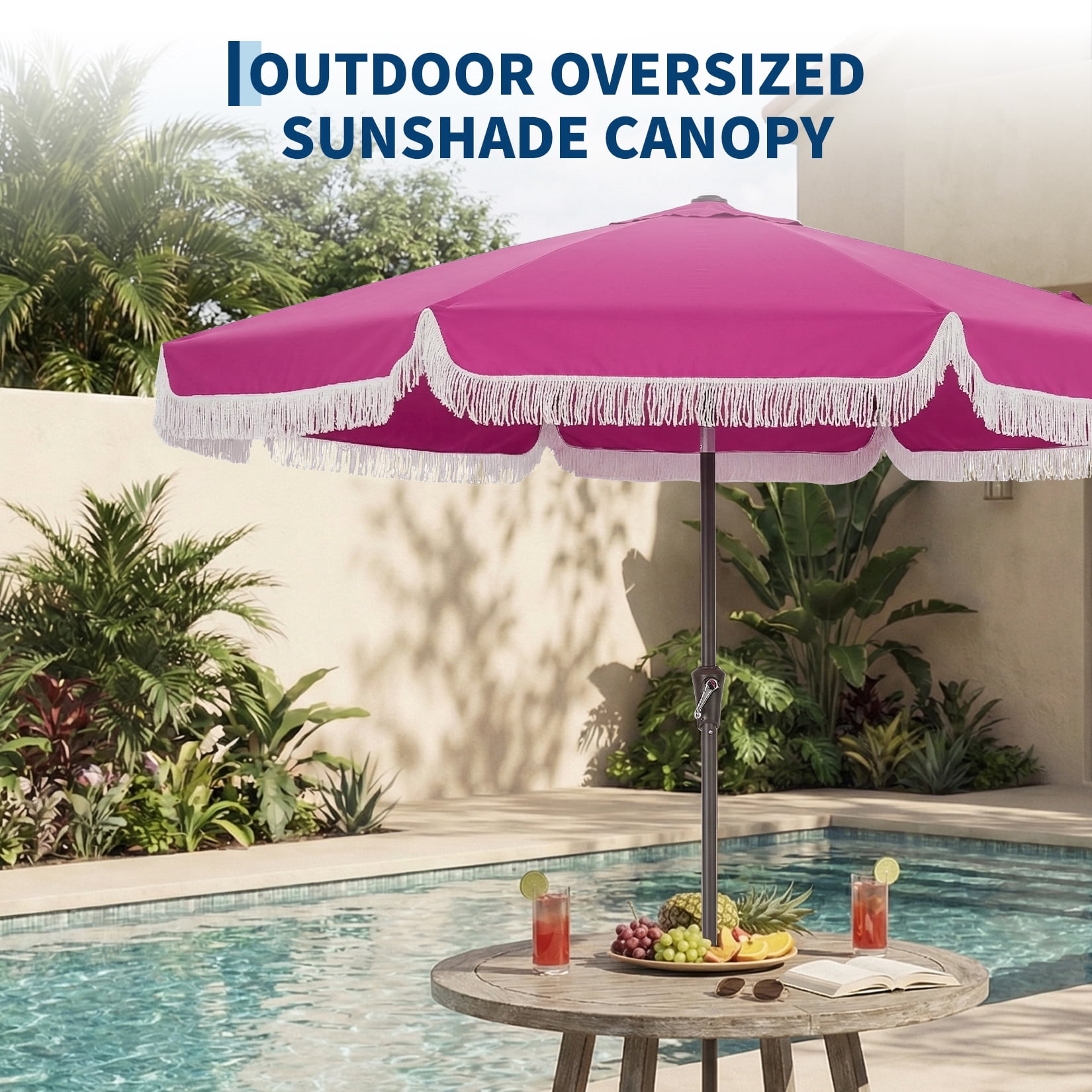 9FT Fringe Patio Umbrella with Crank Handle, Push Button Tilt, 8 Fiberglass Ribs, 1.5" D Premium Steel Pole, Outdoor Tassel Umbrella for Beach Pool
