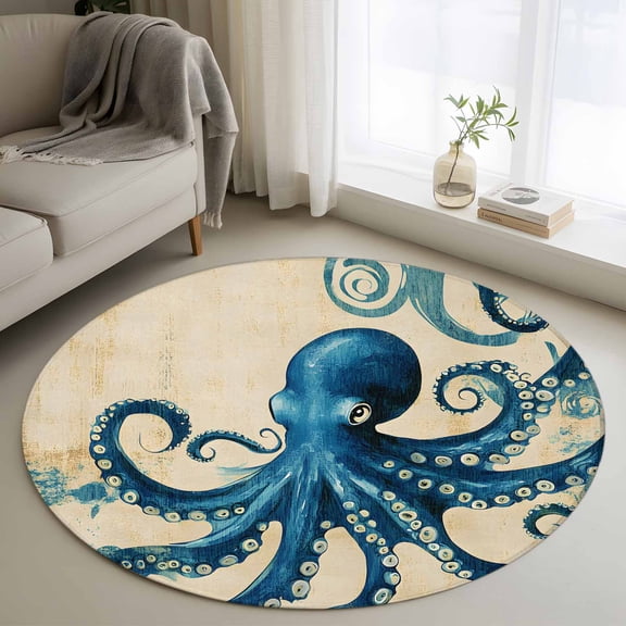 Vintage Blue Octopus Round Area Rug 3 FT, Small Kitchen Bathroom Mats, Summer Coastal Ocean Wave Washable Indoor Outdoor Throw Runner Carpet Non-Shedding Doormat for Table Shower Sofa Entryway