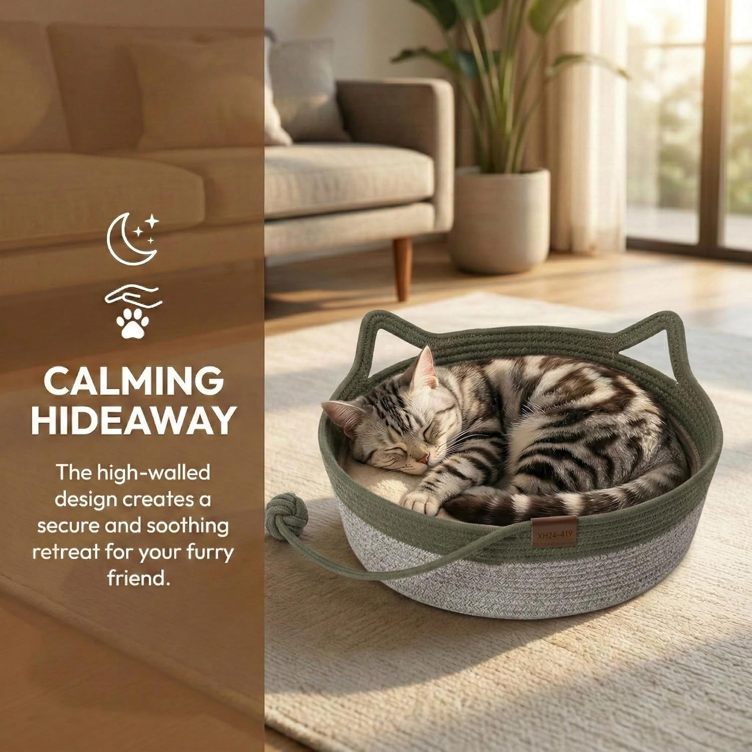 Handwoven cat Basket, cat Toy Basket with a Playing Rope Ball, Foldable Scratchable Hammock with Cat Ear Design - Breathable & Easy to Clean