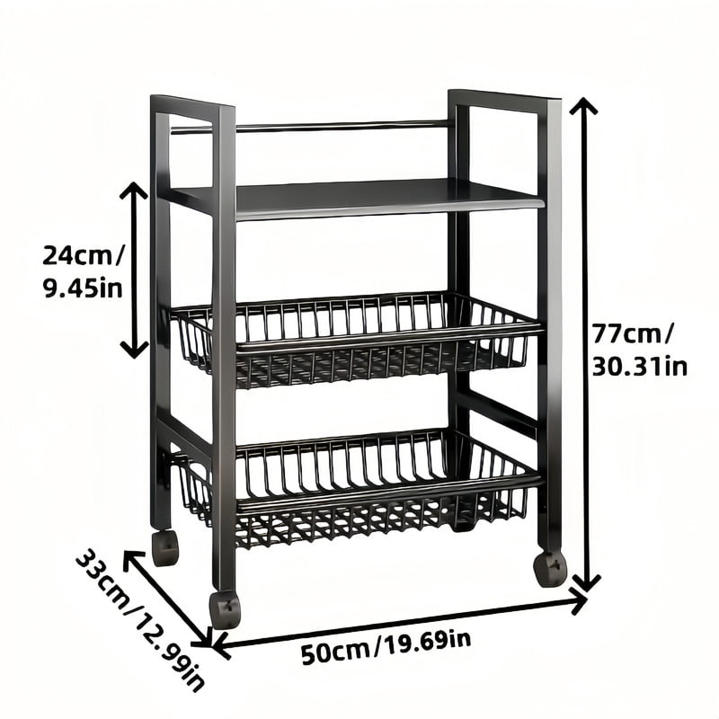 Howcool Heavy-Duty 3-Tier Storage Kitchen Cart with 2 Detachable Mesh Baskets, Metal Storage Organizer Rolling Rack
