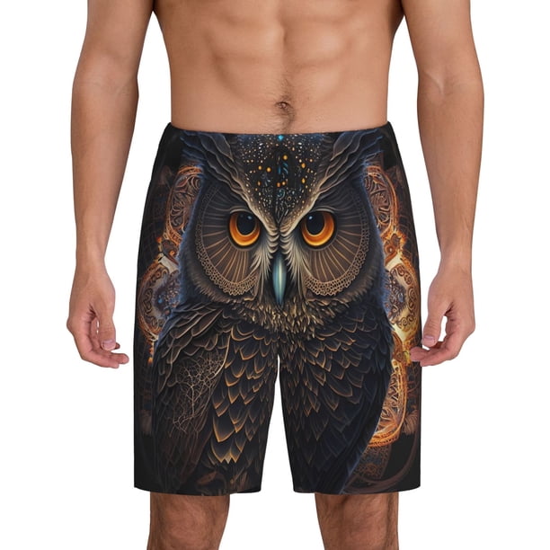 Balery Classical Style Brown Owl Pantalones cortos de pijama de punto de algodón para hombre con cinturilla y bolsillos-4X-Large