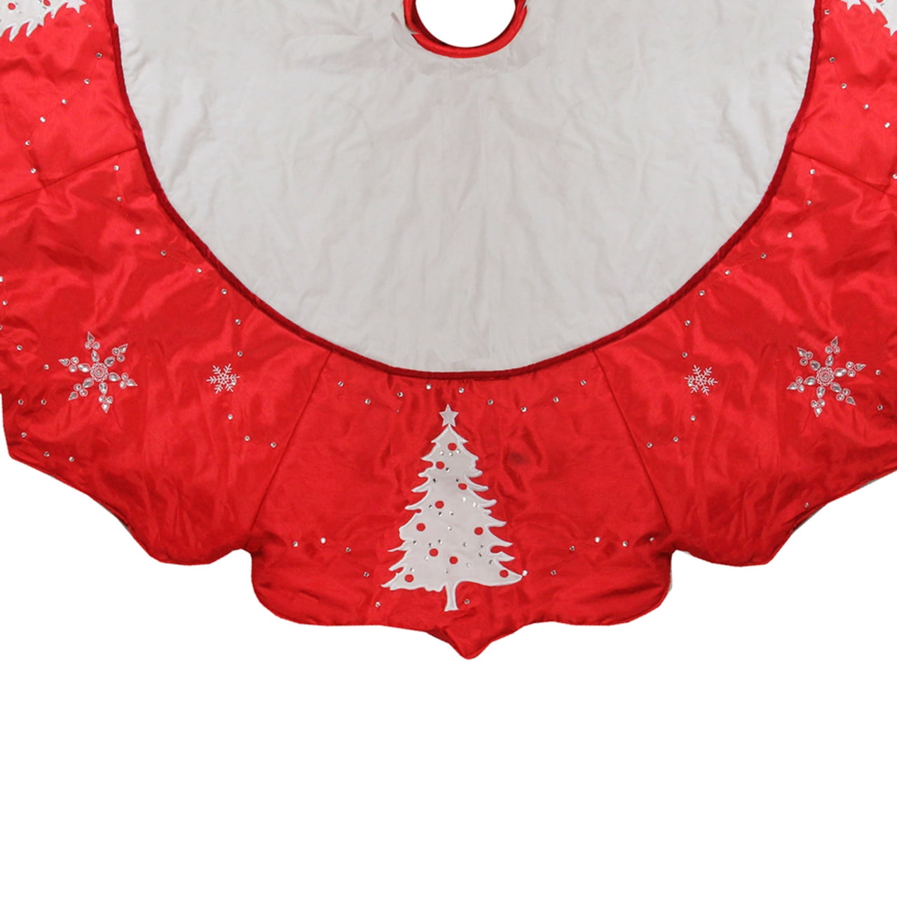54" Red and White Embroidered Jeweled Tree with Snowflake Christmas Tree Skirt