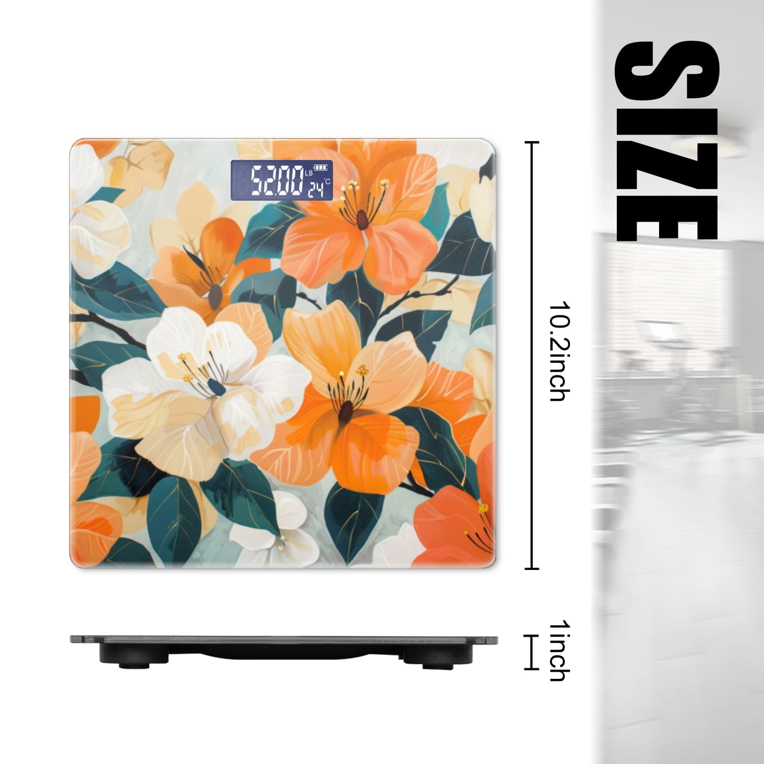 Bathroom Scale, Highly Accurate Digital Body Scale,Precisely Measures Weight up to 400 lbs-Orange And White Floral Pattern With Green Leaves