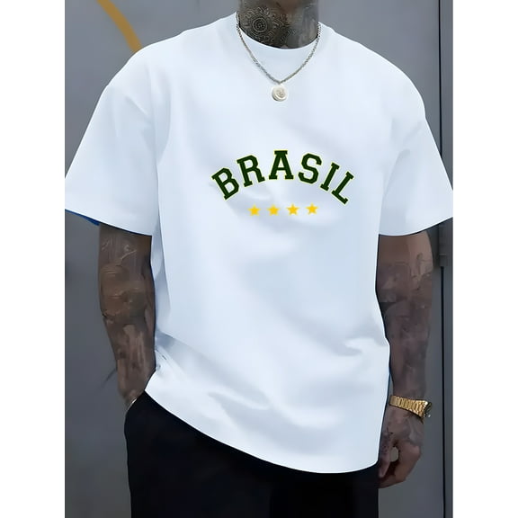 Men's Casual Crew Neck T-Shirt with BRAZIL Print - Soft Polyester, Short Sleeve, Machine Washable - Perfect for Summer