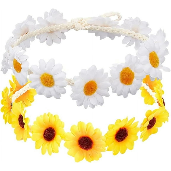 2 Colors Daisy Flower Headbands Sunflower Floral Boho Hair Wreath Headbands Adjustable Headpiece Hair Accessories for Women Girls Bridal Prom Wedding Party