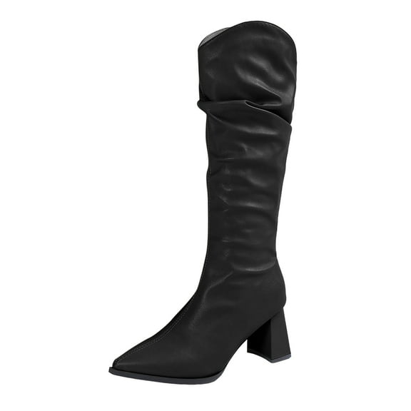 Slouchy Knee High Dress Boots for Women Slim Fit Leather Pointed Toe Chunky Heel Mid Calf Tall Boots