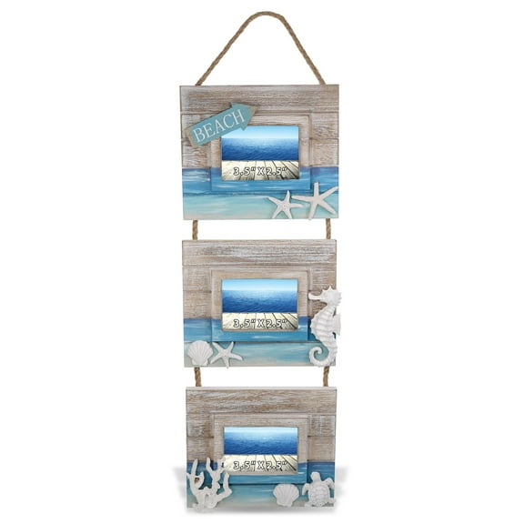CoTa Global Blue Wave Hanging Frames - Nautical Wooden Hanging Photo Frames with Ocean Figures, Handcrafted Beach Theme Picture Holders for Housewarming Gift or Beach Room Decor Display - 20 Inches