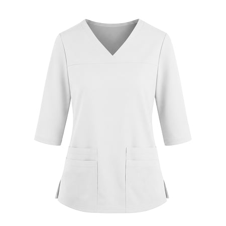 Veskora Scrub Tops for Women Elbow 3/4 Sleeve V Neck Top Nursing with Pocket Workwear Uniform Work Blouse Workout Shirts White XL