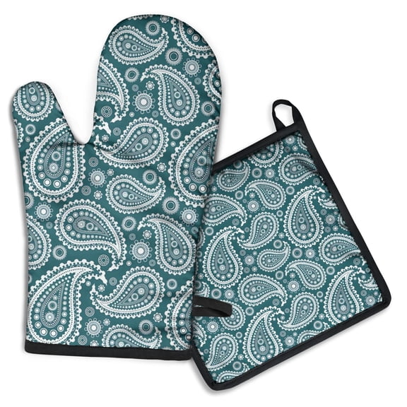 Teal Paisley Pattern Kitchen Oven Mitt and Pot Holder Sets 2 Pcs for Baking, Cooking and Grilling, Heat Resistant Up To 392 °F