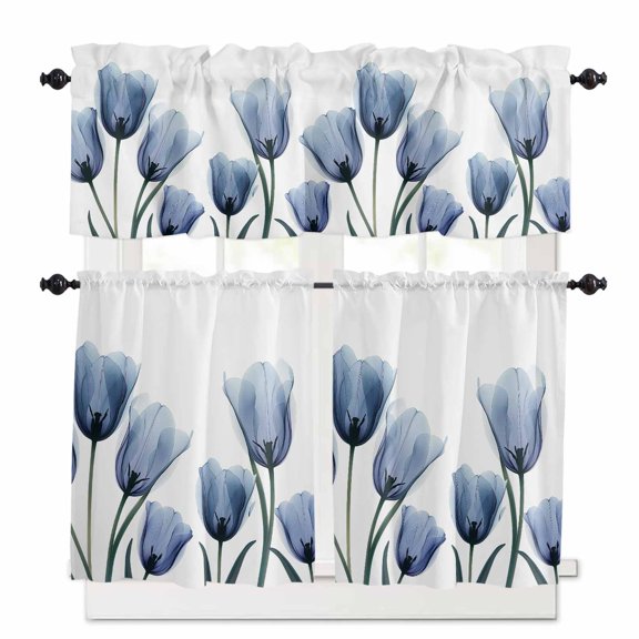Blue Spring Floral Kitchen Curtains and Valances Set, 3 Piece Kitchen Curtains Set 36 Inch Length, Tulip Blooming Summer Botanical Rod Pocket Curtains Tier Farmhouse Window Curtains