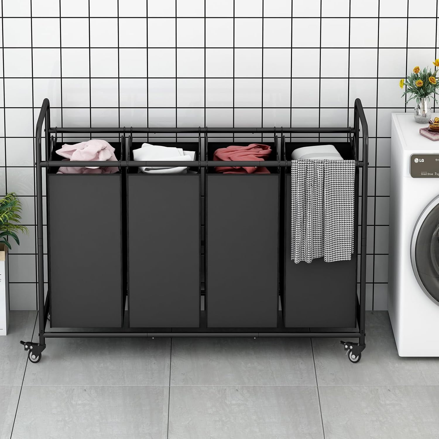 3-Bag Laundry Basket Hamper Laundry Sorter Cart laundry room organization with Heavy Duty Rolling Lockable Wheels and Removable Bags (Black)
