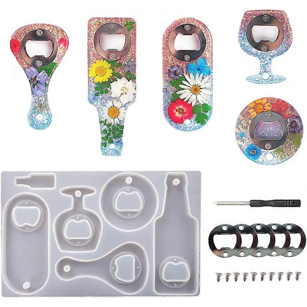 Moldes de resina para abrebotellas, abridor de vino de silicona, molde de silicona para resina con 5 juegos de acero inoxidable, llave inglesa, tornillo, kit de moldes de resina epoxi para bricolaje.