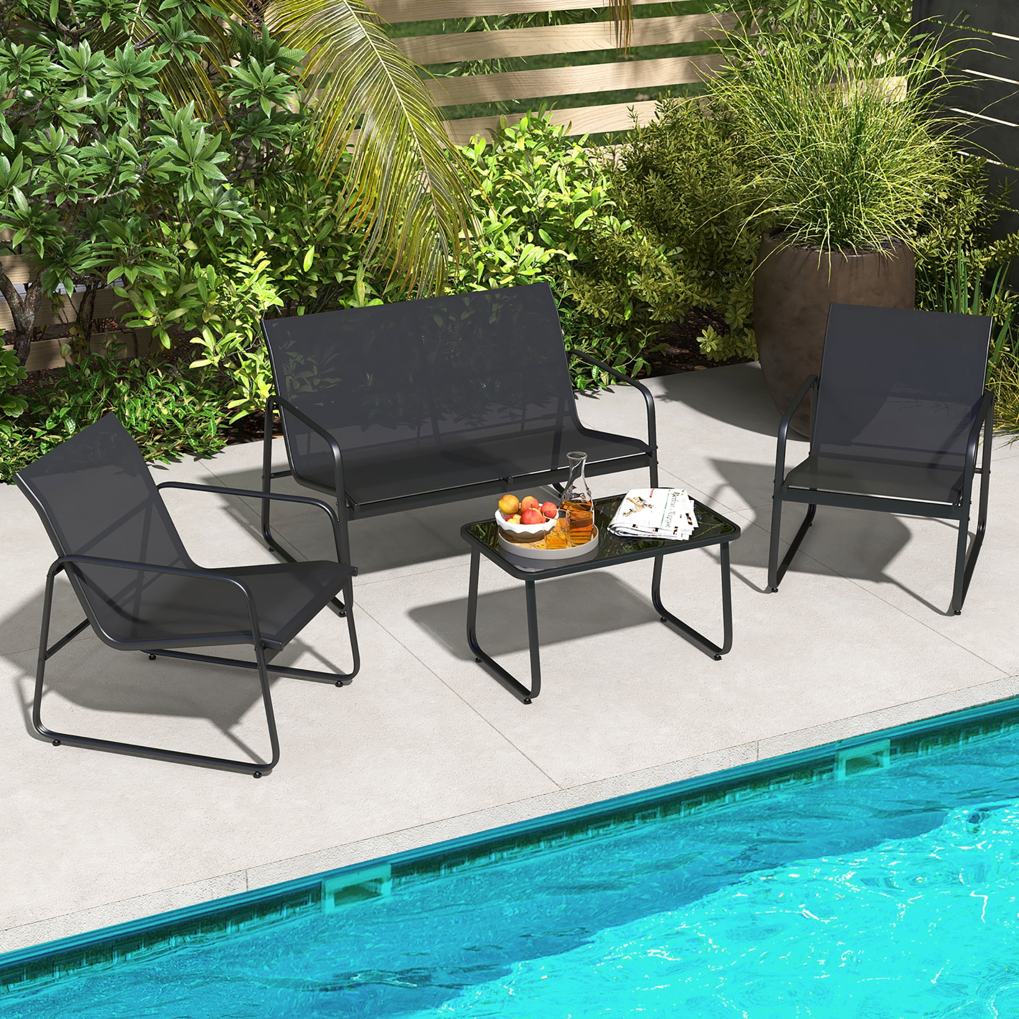 Costway 4-Pirce Tempered Metal Outdoor Patio Furniture Set, Black
