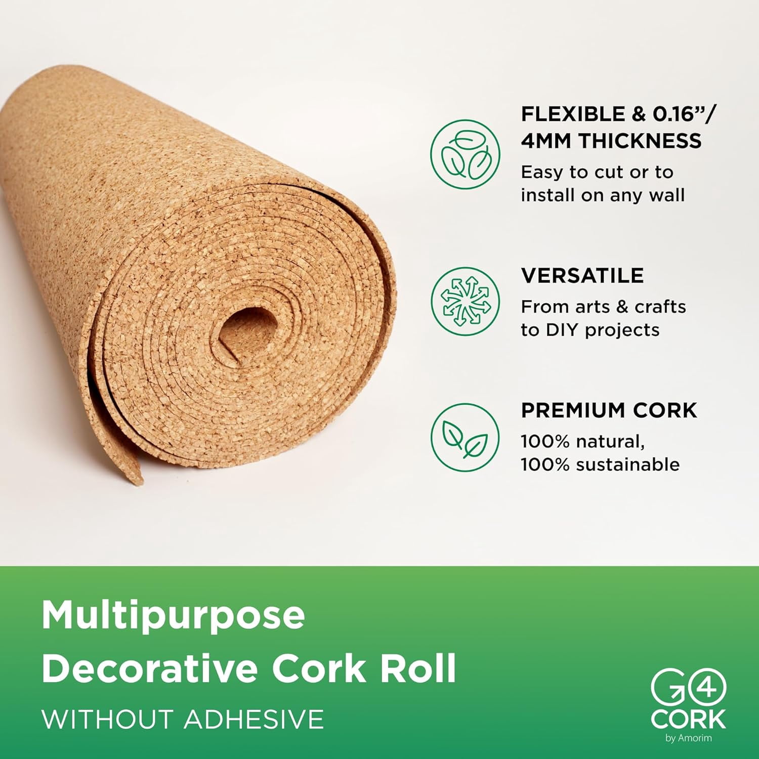 Go4Cork Large Cork Roll - 19.7" x 16.4' x 1/8" | Natural Colour | Premium Non-Slip Double-Sided Eco Cork Roll | Arts & Crafts, Home, Classroom, Office