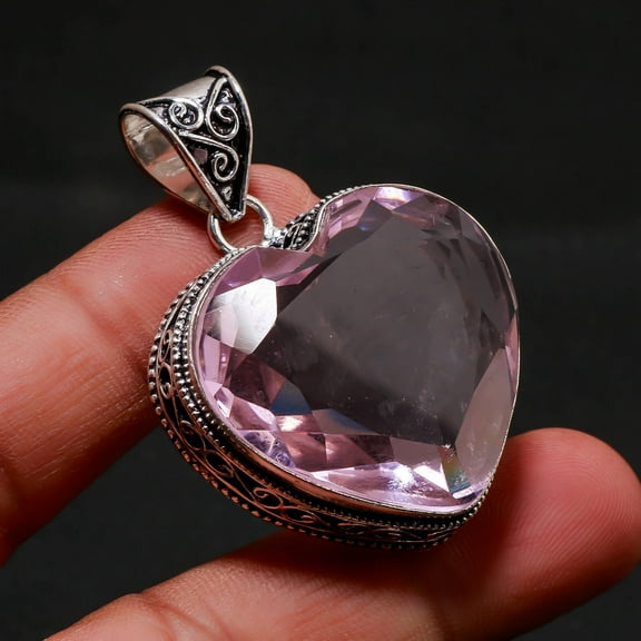 Pink Kunzite Gemstone Pendant Handmade Antique Heart Shape Vintage Jewelry 1.90"
