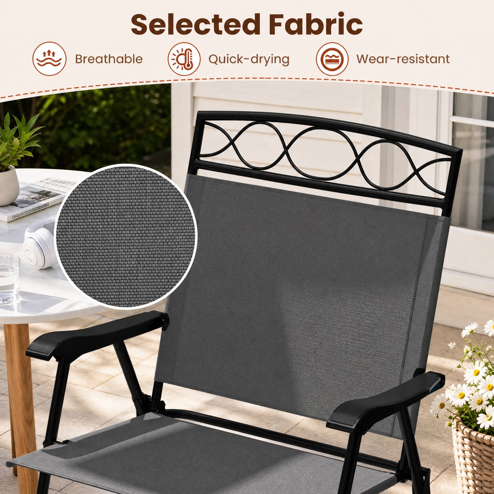 Furnibear Patio Folding Dining Chairs Set of 4 with Armrests and Padded Fabric Seat for Outdoor and Indoor Kitchen Dining, Gray