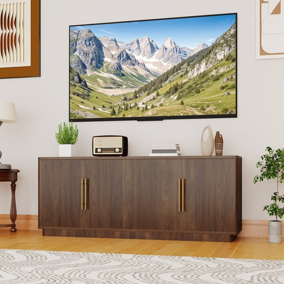 Uforic TV Stand with Storage for TVs up to 80 Inch, 70'' Entertainment Center with 4 Fluted Doors for Living Room or Apartment, Walnut