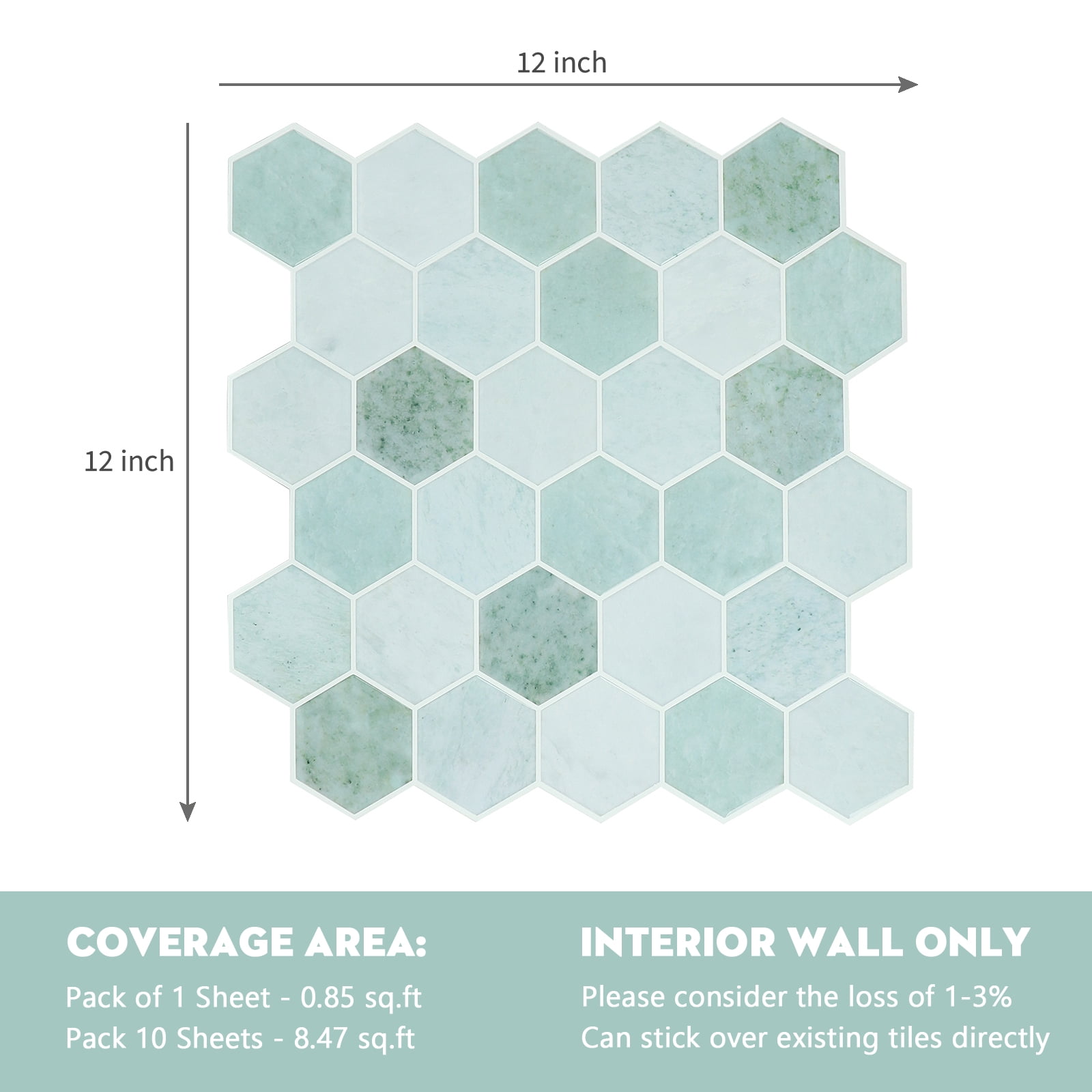 Hexagon Peel and Stick Backsplash, 12"x 12" Self-Adhesive Marble Green Stick on Wall Tiles for Kitchen Bathroom (10 Sheets)