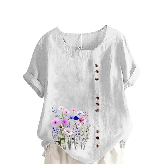 Fewfanhot Women's Tops Printed Loose Boho Shirts Women Plus Size Summer Crew Neck Short Sleeve Blouses