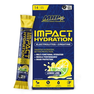 MHP Impact Hydration Electrolyte Creatine Sports Drink Stick Pack, No Artificial Sweeteners or Colors, Performance, Recovery, Concussion Protection, Lemon Lime, 14 Count