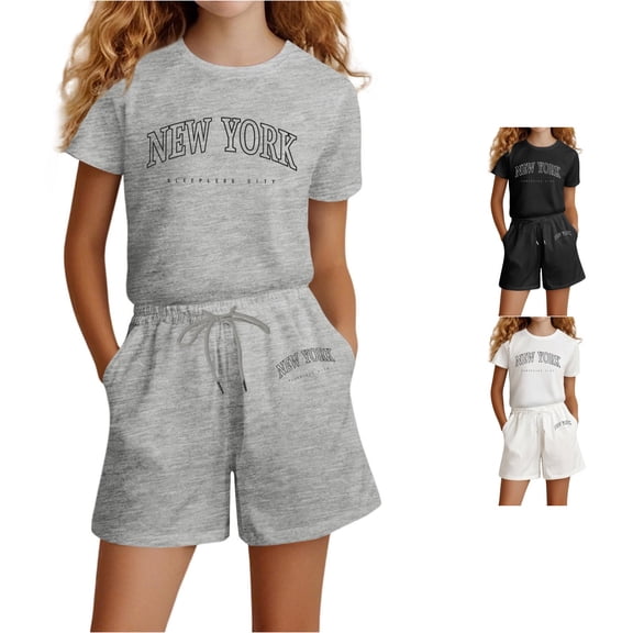 ZXLBBD Girls Shorts Set Letter Print Short Sleeve Basic Tee Shirts and Shorts Soft Casual Breathable Summer Outdoor Fashion Clothes Sets,Grey,Size 11 Y-12 Y