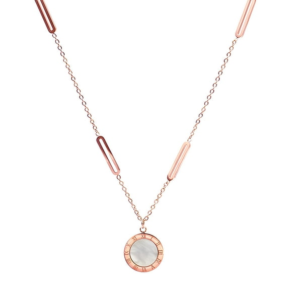 Round Pendant Necklace for Women,Rose Gold Round Black and White Two Sided Pendant Roman Numerals Necklace, Fashion Titanium Steel Ladies Pendant Necklace Gift
