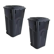2 PCS 32 Gallon Heavy Duty Plastic Garbage Cans Trash Cans Rubbish Bin with Attached Lid 2 Built in Rugged Wheels Easy Grip Handle Click Lock Lid Design Perfect for Both Indoor Or Outdoor Use