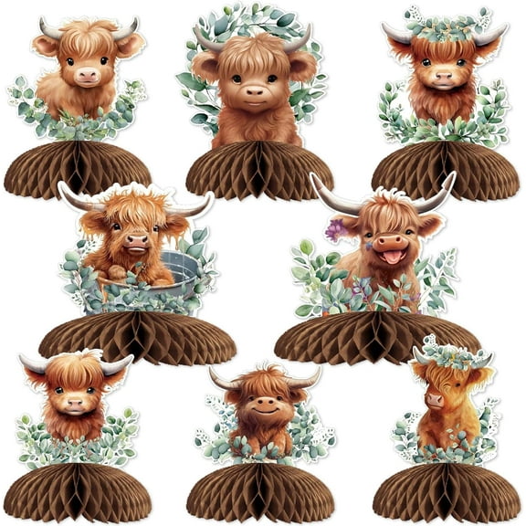 Jollyboom Highland Cow Baby Shower Decorations, 8pcs Greenery Highland Cow Birthday Decorations Highland Cattle Table Honeycomb Centerpiece for Boy Girl Western Cow Birthday Baby Shower Gender Reveal