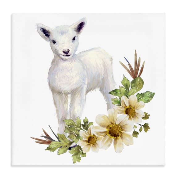 Stupell Industries French Country Baby Lamb Autumn Daisy Florals Tree Leaf Foliage Canvas Art, 17 x 17, by Ziwei Li