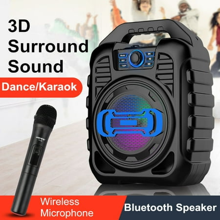 Portable 3D Surround Speaker System with LED Party Lights, Wireless bluetooth with Wireless Microphones or Headphones FM Radio Party Karaoke Machine Support U Disk/ TF Card/ (Best Machine Support Cards)