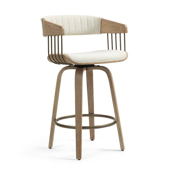 Berke Beige Upholstered Fabric Counter Stool with Natural Wood Legs