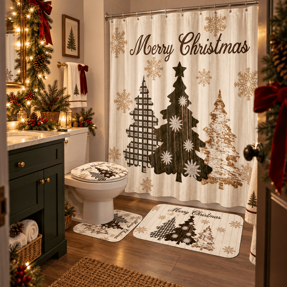 Christmas Bathroom Decor Set, Polyester Shower Curtain with U-Shaped Mat and Toilet Cover, Coordinated Four-Piece Holiday Bathroom Set, Christmas Bath Mat Set for Bathroom and Guest Bath, 4 Pc Set