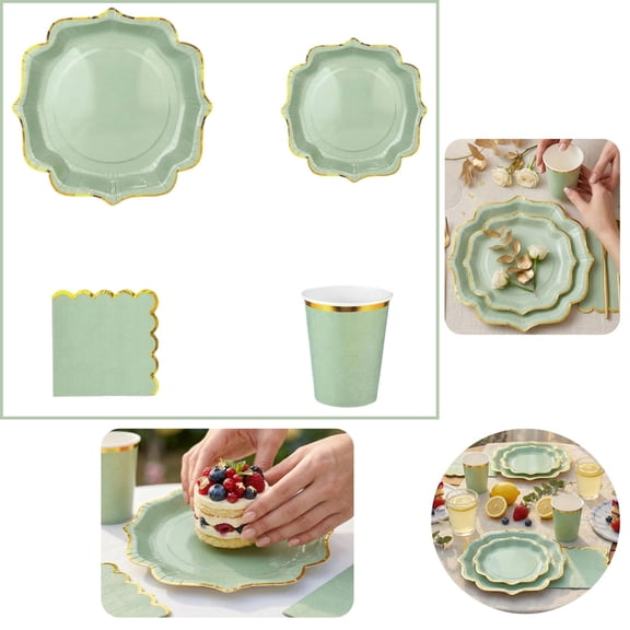 40-Pack Disposable Party Tableware Set – Green Gold Foiled Paper Plates Cups Napkins for Birthday Wedding Holiday